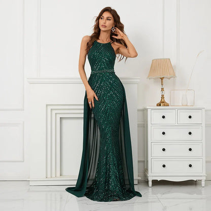 Green Off Shoulder Tassel Sequin Evening Dress Sexy Cross Back Party Dress