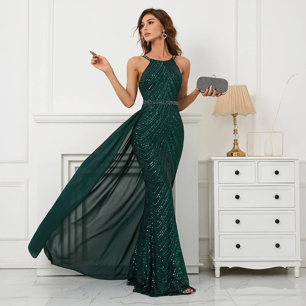 Green Off Shoulder Tassel Sequin Evening Dress Sexy Cross Back Party Dress