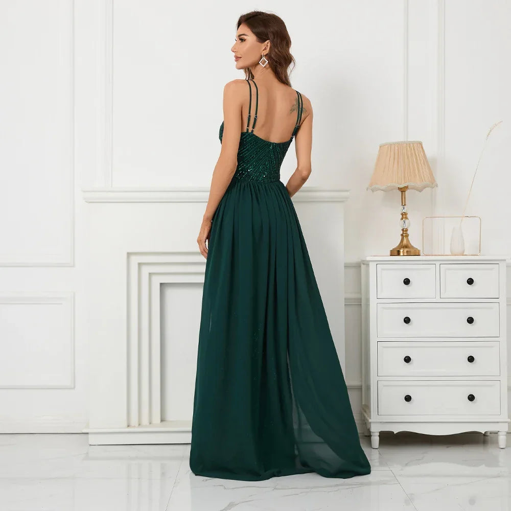 Green Off Shoulder Tassel Sequin Evening Dress Sexy Cross Back Party Dress