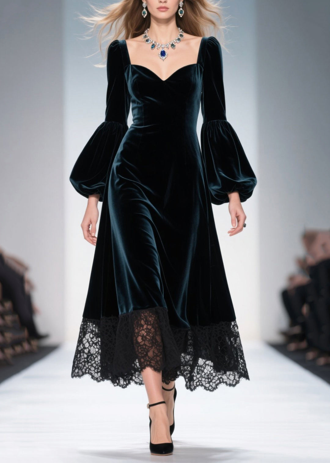 Sweetheart Neck Balloon Sleeve Velvet Lace Trim Midi Dress