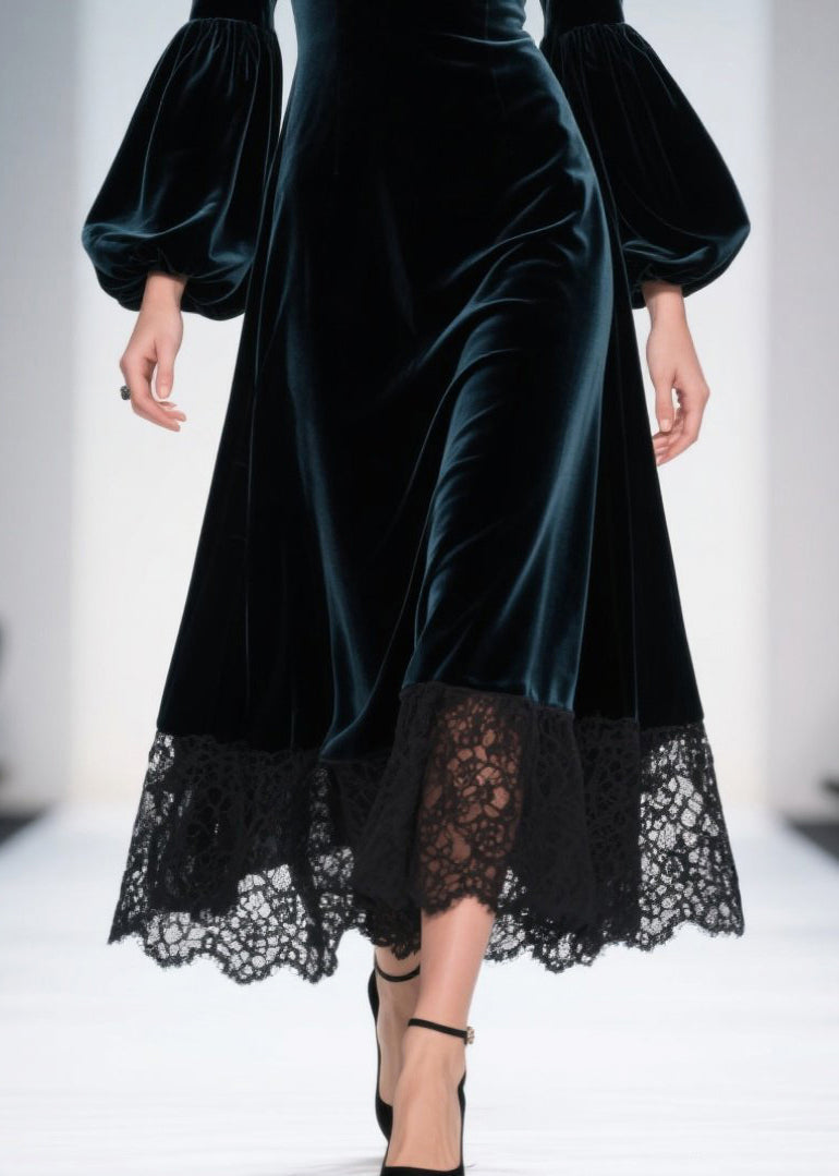 Sweetheart Neck Balloon Sleeve Velvet Lace Trim Midi Dress