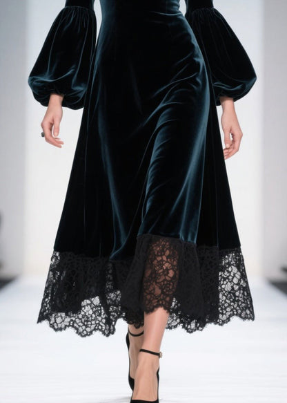 Sweetheart Neck Balloon Sleeve Velvet Lace Trim Midi Dress