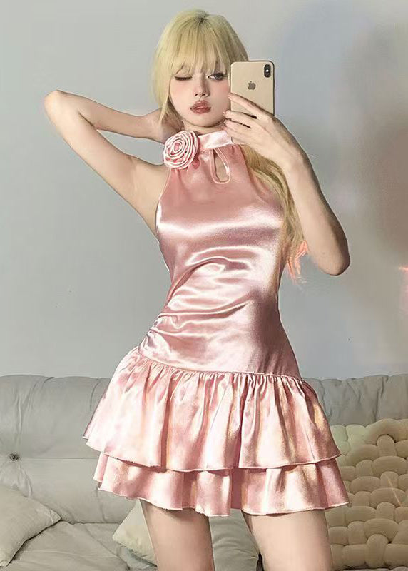 Halter Mock Neck Keyhole Rosette Accent Tiered Ruffle Mini Dress