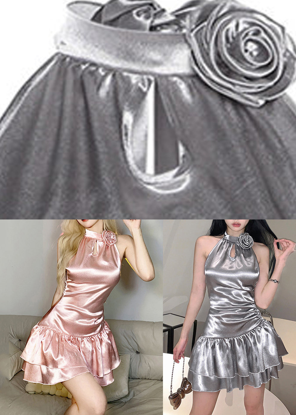 Halter Mock Neck Keyhole Rosette Accent Tiered Ruffle Mini Dress