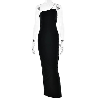 One Shoulder Rhinestone Strap Ruched Bodycon Maxi Gown