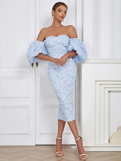 Flower Print Sky Blue V-Neck Bodycon Lace Dress