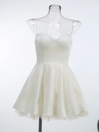 Sweetheart Neck Lace Trim Spaghetti Strap Tulle Hem Fit and Flare Mini Dress