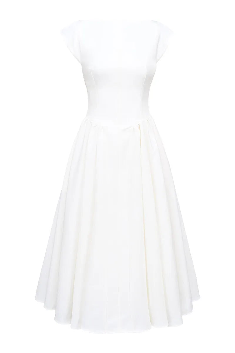 Boat Neck Cap Sleeve Pleated Waist Band Fit and Flare Midi Dress