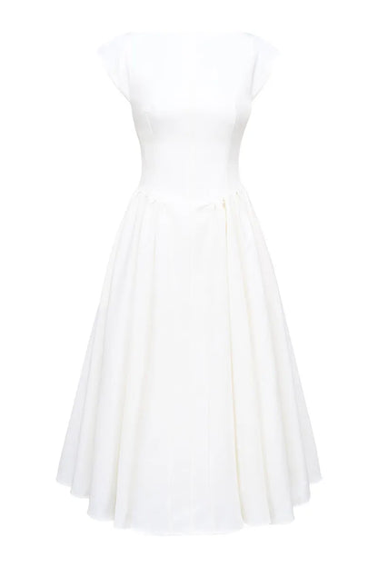 Boat Neck Cap Sleeve Pleated Waist Band Fit and Flare Midi Dress