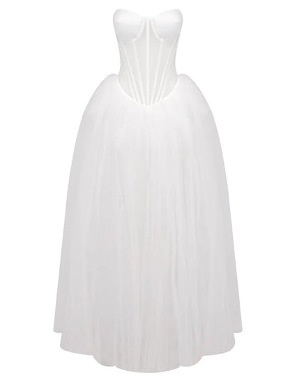Strapless Sweetheart Corset Boning Sheer Bodice Tulle Ballgown Maxi Dress