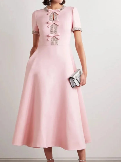 Round Neck Crystal Trim Bow Detail Short Sleeve Fit and Flare Midi Dress