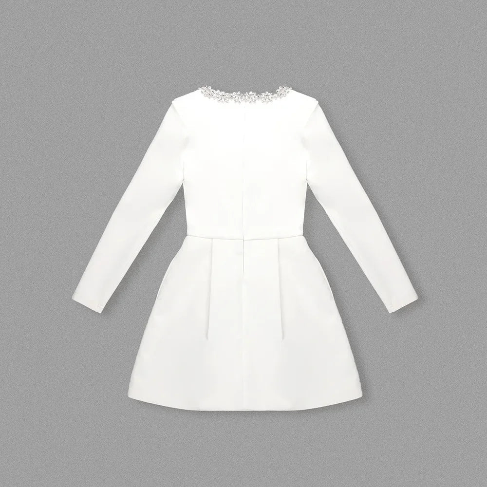 Square Neck Crystal Floral Trim Padded Shoulder Pleated Mini Dress