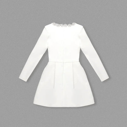 Square Neck Crystal Floral Trim Padded Shoulder Pleated Mini Dress