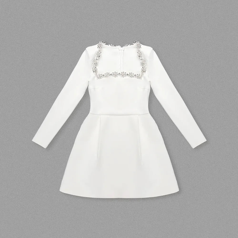 Square Neck Crystal Floral Trim Padded Shoulder Pleated Mini Dress