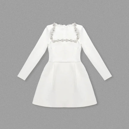 Square Neck Crystal Floral Trim Padded Shoulder Pleated Mini Dress