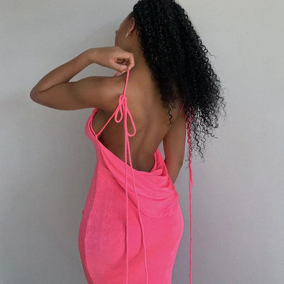 Halter Backless Criss Cross Tie Cowl Back Maxi Dress