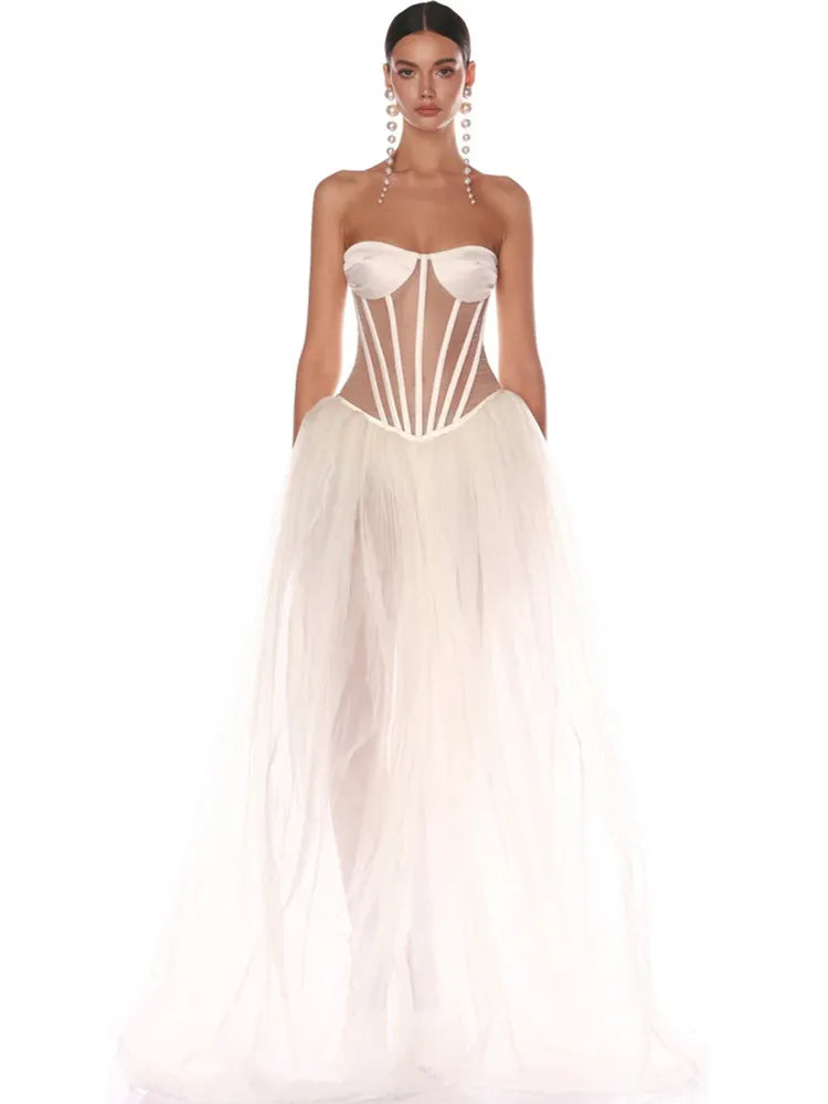 Strapless Sweetheart Corset Boning Sheer Bodice Tulle Ballgown Maxi Dress