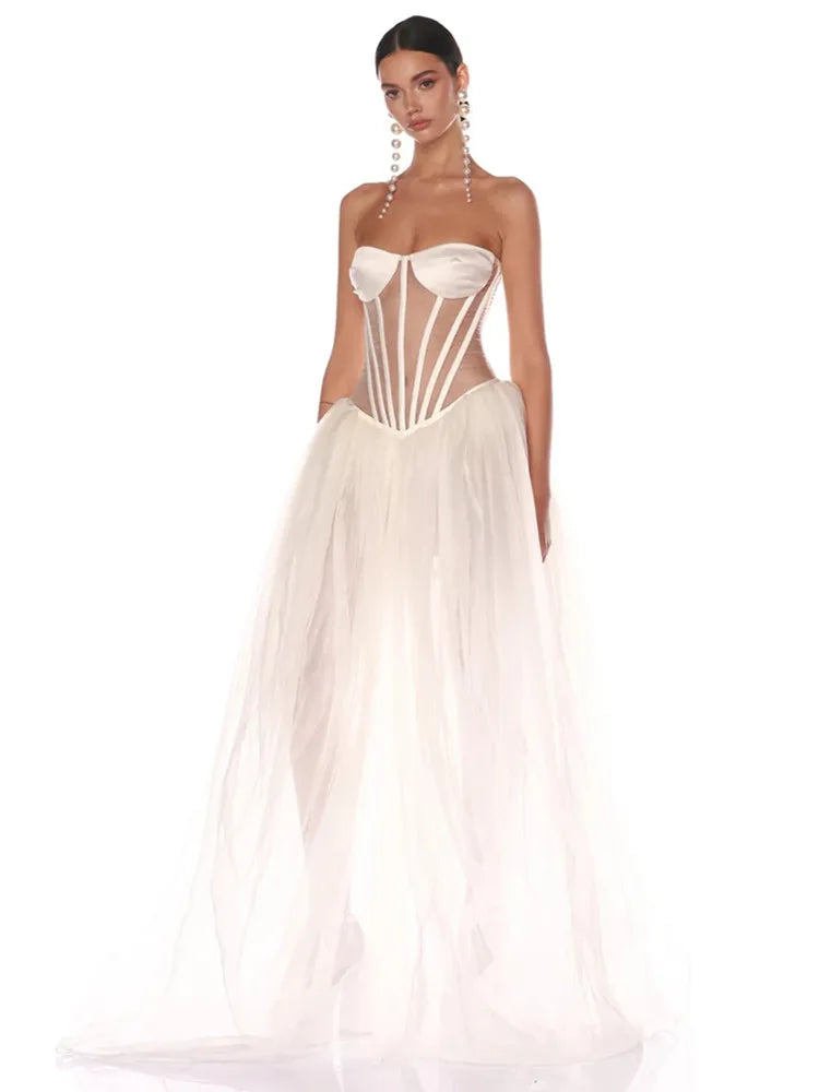 Strapless Sweetheart Corset Boning Sheer Bodice Tulle Ballgown Maxi Dress
