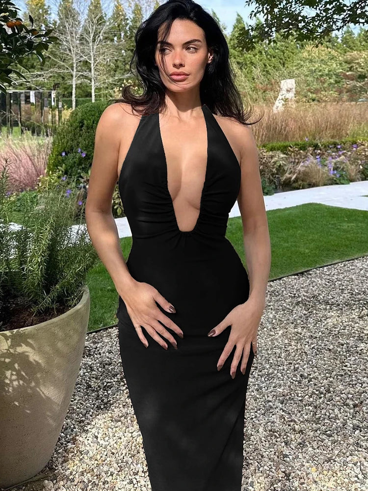 Halter Neck Extreme Plunge Ruched Neckline Bodycon Midi Dress