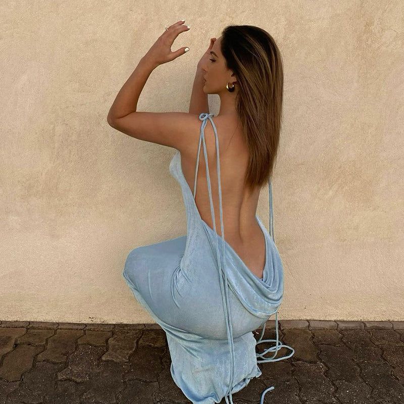 Halter Backless Criss Cross Tie Cowl Back Maxi Dress