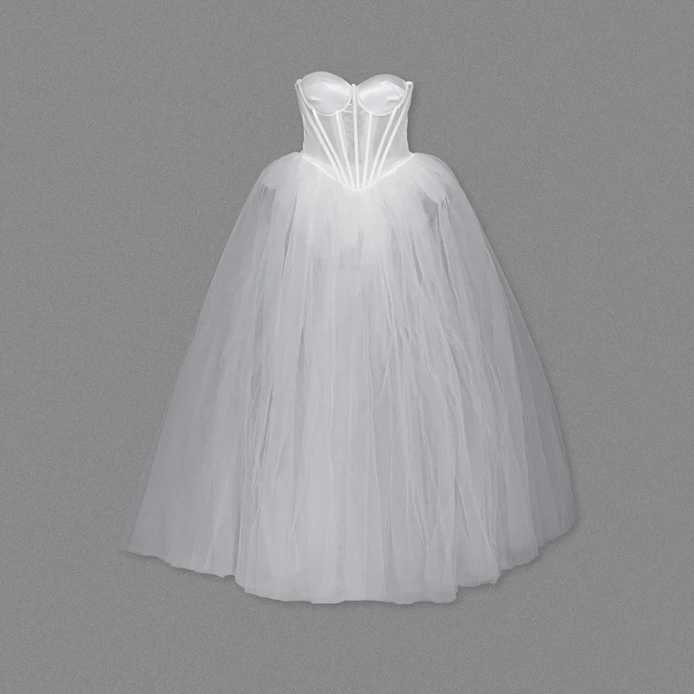 Strapless Sweetheart Corset Boning Sheer Bodice Tulle Ballgown Maxi Dress