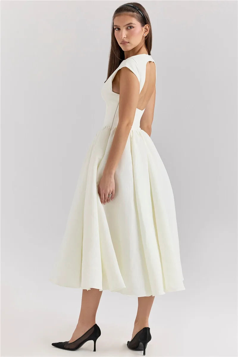 Boat Neck Cap Sleeve Pleated Waist Band Fit and Flare Midi Dress