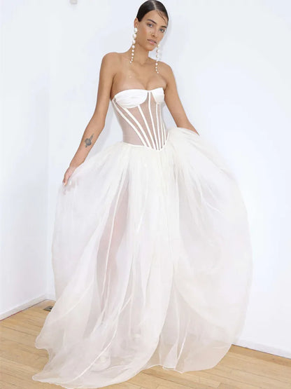 Strapless Sweetheart Corset Boning Sheer Bodice Tulle Ballgown Maxi Dress