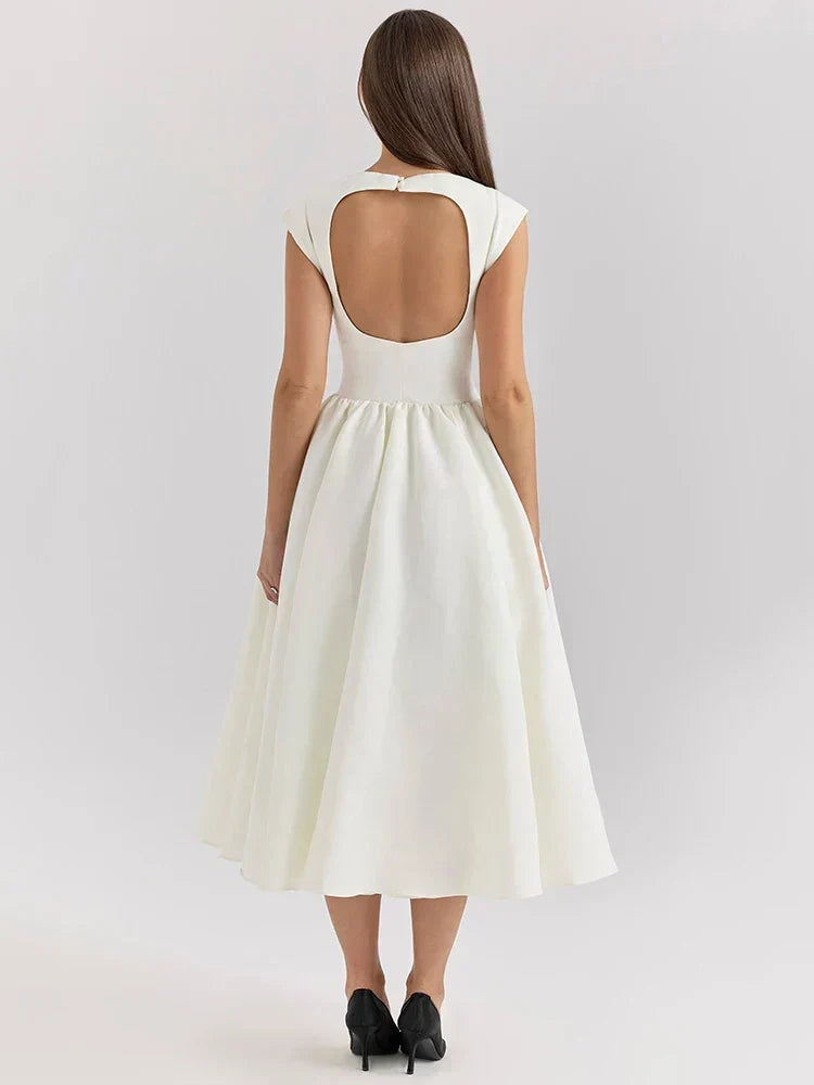 Boat Neck Cap Sleeve Pleated Waist Band Fit and Flare Midi Dress