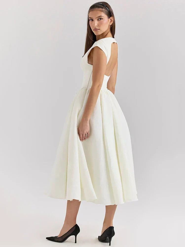 Boat Neck Cap Sleeve Pleated Waist Band Fit and Flare Midi Dress