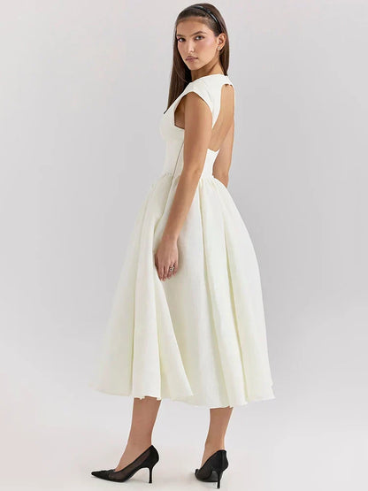 Boat Neck Cap Sleeve Pleated Waist Band Fit and Flare Midi Dress