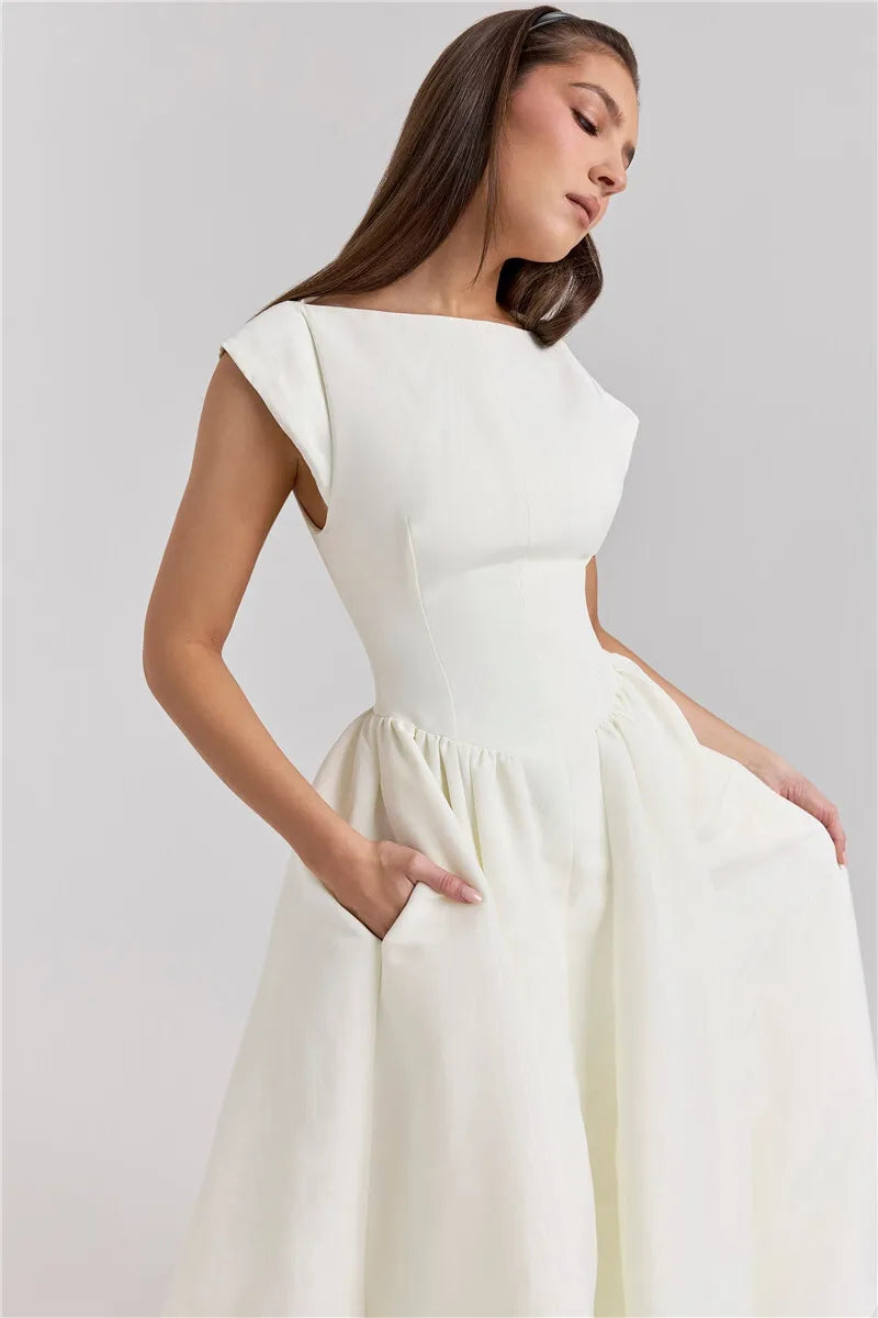 Boat Neck Cap Sleeve Pleated Waist Band Fit and Flare Midi Dress