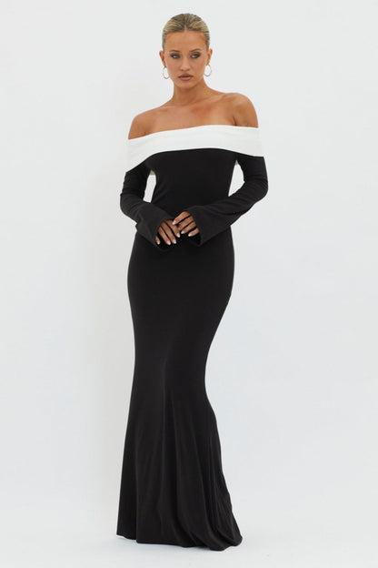 Off-Shoulder Foldover Bardot Long Sleeve Mermaid Maxi Dress