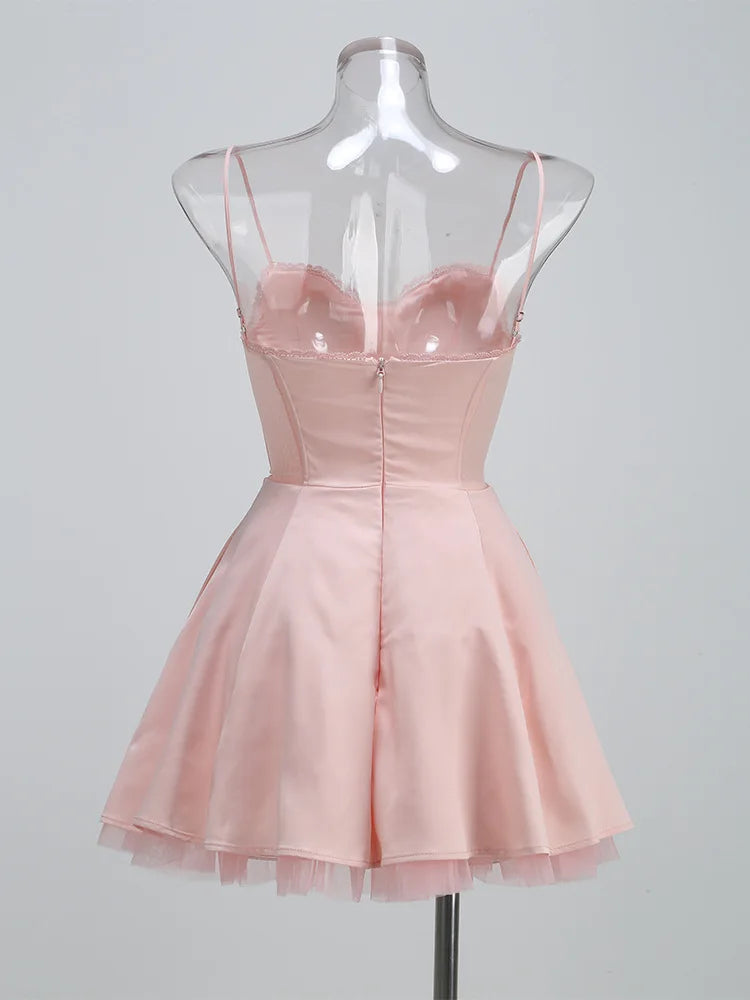 Sweetheart Neck Lace Trim Spaghetti Strap Tulle Hem Fit and Flare Mini Dress