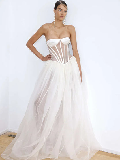 Strapless Sweetheart Corset Boning Sheer Bodice Tulle Ballgown Maxi Dress