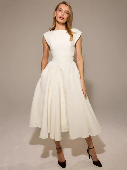 Boat Neck Cap Sleeve Pleated Waist Band Fit and Flare Midi Dress
