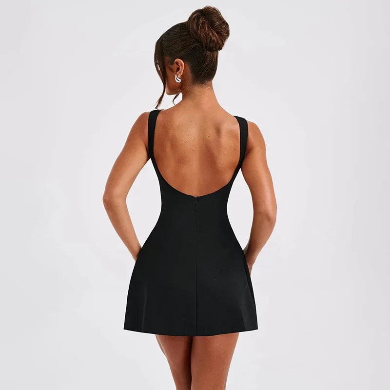 Boat Neck Sleeveless Fitted Waist Flared Skater Mini Dress