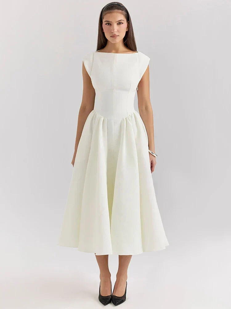 Boat Neck Cap Sleeve Pleated Waist Band Fit and Flare Midi Dress