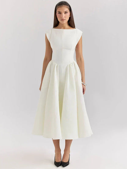 Boat Neck Cap Sleeve Pleated Waist Band Fit and Flare Midi Dress