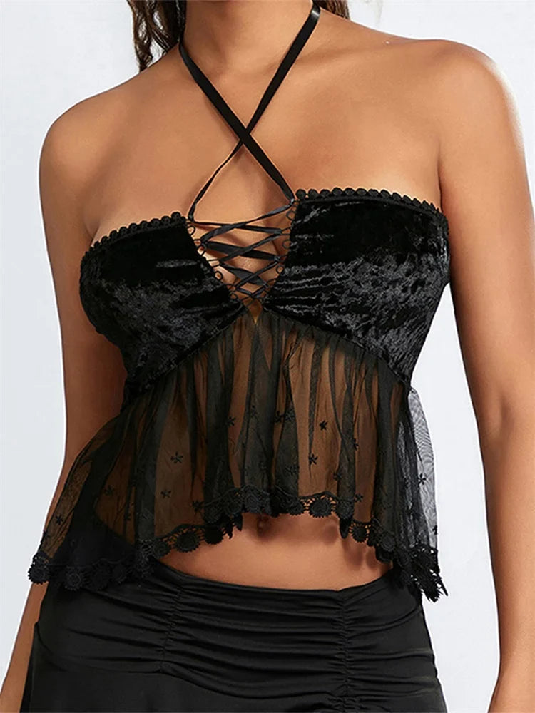 Women Mesh Patchwork Criss-Cross Tie-Up Halter Backless Vest Summer Sleeveless Cropped Clubwear Crop Top