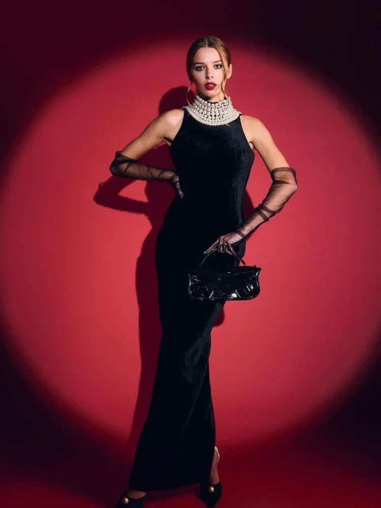 Sexy Black Velvet Halter Neck Pearl Chain Long Dress Maxi Party Dress