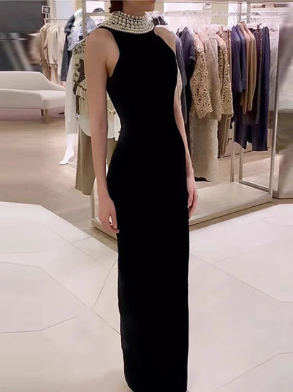 Sexy Black Velvet Halter Neck Pearl Chain Long Dress Maxi Party Dress