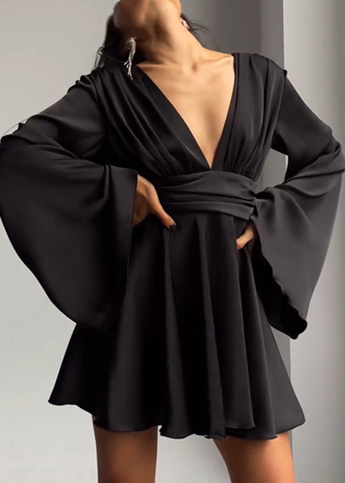 Deep V-Neck Bell Sleeve Ruched Waistband Fit and Flare Mini Dress