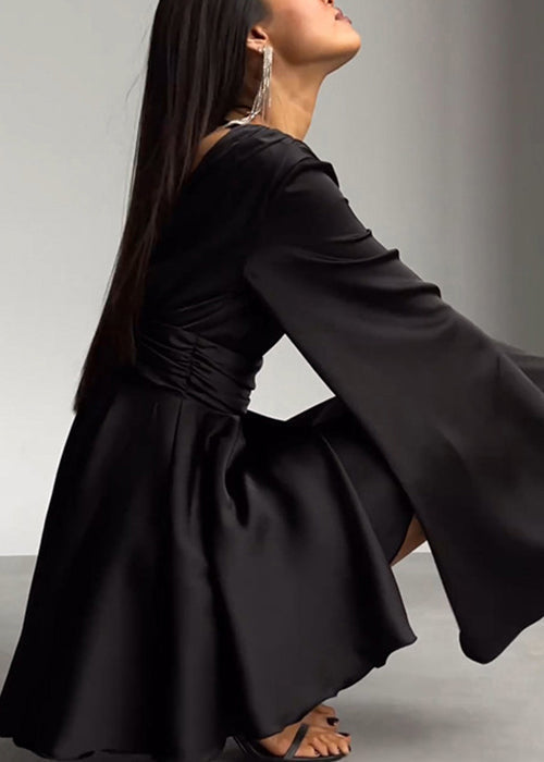 Deep V-Neck Bell Sleeve Ruched Waistband Fit and Flare Mini Dress