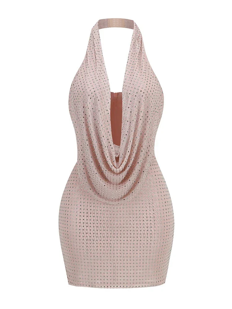 Sexy Halter Neck Low Cut Diamonds Mini Nude Party Dress