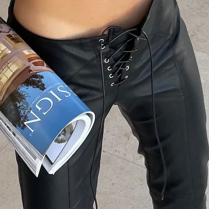 Low Waist PU Leather Slim Lace Up Hem Split Floor-Length Clubwear Pants
