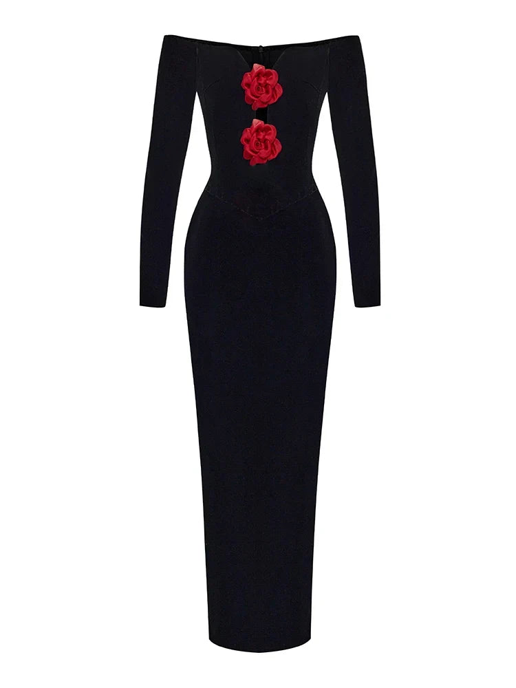 Sexy Off Shoulder V Neck Hollow Out Flower Dress Women Party Dress