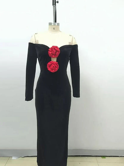 Sexy Off Shoulder V Neck Hollow Out Flower Dress Women Party Dress