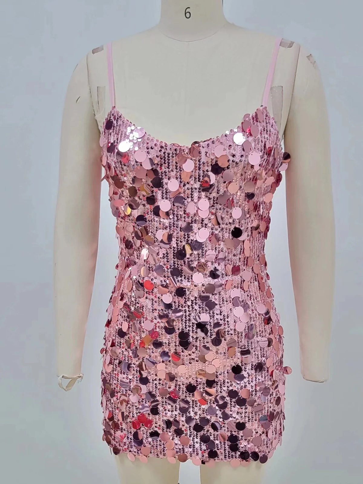 Sexy Spaghetti Strap Shiny Sequins Mini Dress Women Pink Party Dress