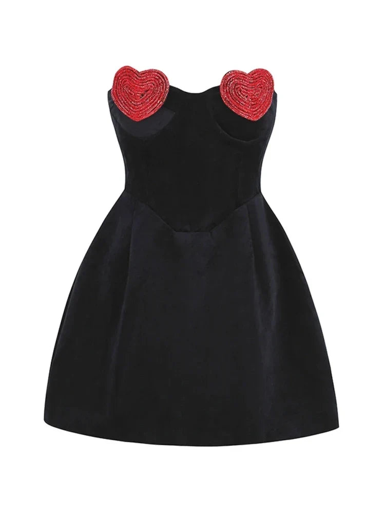 Sexy Strapless Heart Shape Crystal Design Mini Dress Velvet A-Line Party Dress