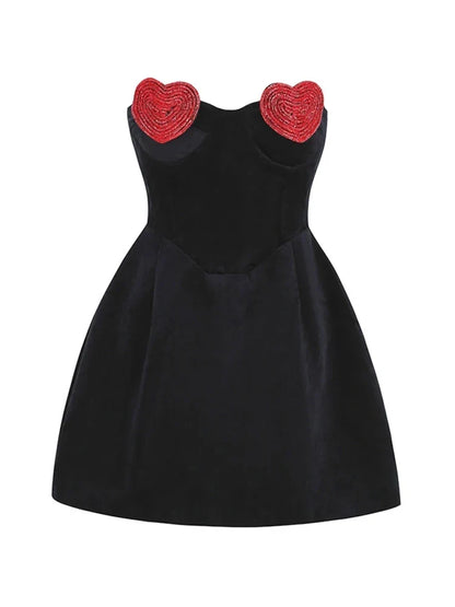 Sexy Strapless Heart Shape Crystal Design Mini Dress Velvet A-Line Party Dress